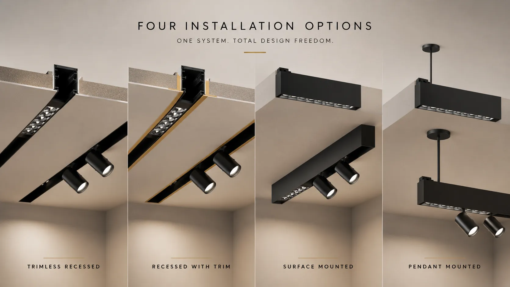 Trimless recessed surface and pendant magnetic track installation methods
